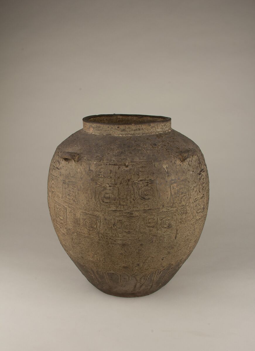 Jar, Stoneware with impressed decoration under greenish glaze, China
