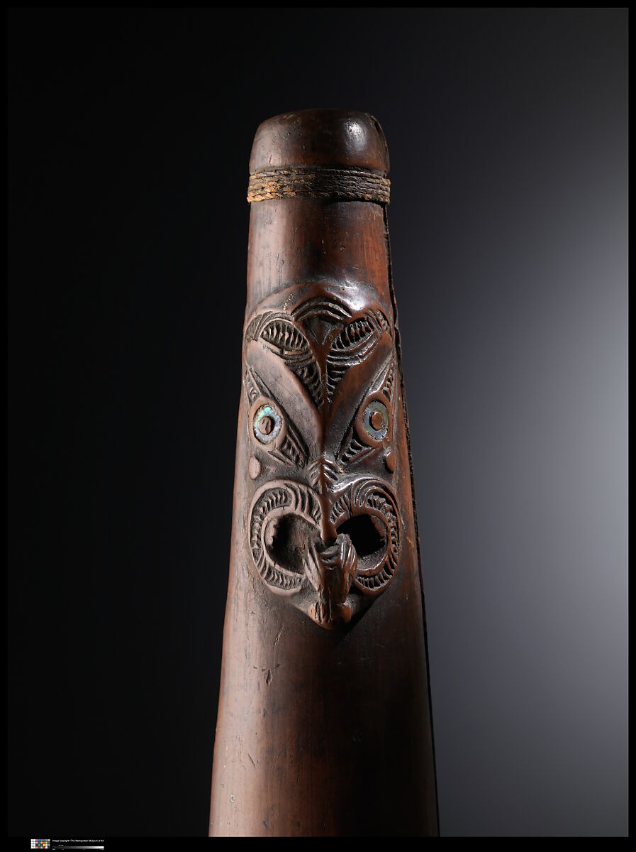 Pūtōrino, Maori, matai (Podocarpus spicatus) wood, fiber cord, paua sea shell ablone, Maori