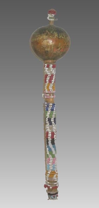 Rattle, wood, gourd, leather, glass beadwork, cord, Native American (Chippewa: Ojibwa) 