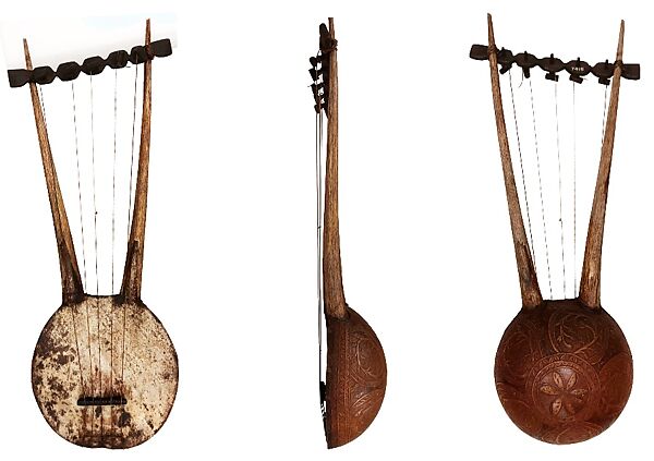 Lyre, Gourd, wood, animal hide, gut string, African (east)