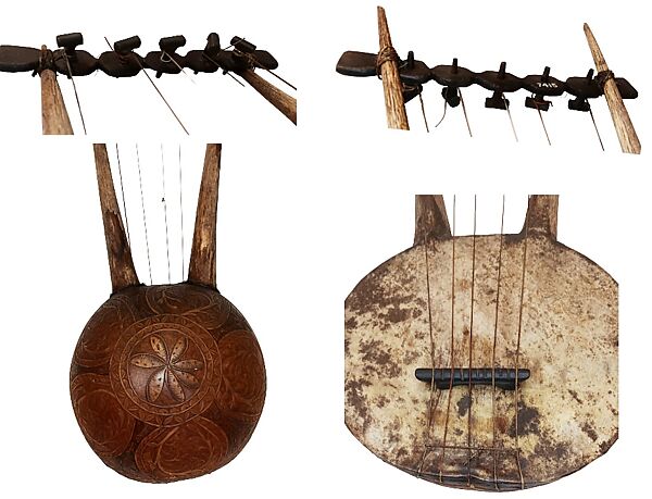 Lyre, Gourd, wood, animal hide, gut string, African (east)