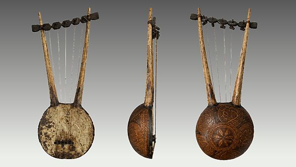 Lyre, Gourd, wood, animal hide, gut string, African (east)