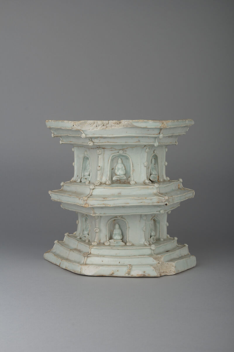 Pedestal, Porcelain with relief decoration under bluish white glaze (Qingbai-shufu transitional type ware), China 