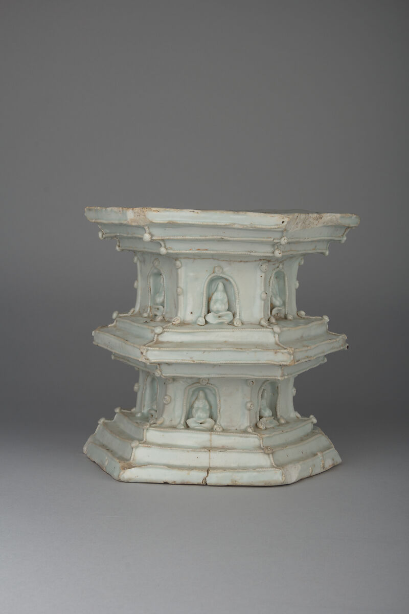 Pedestal, Porcelain with relief decoration under bluish white glaze (Qingbai-shufu transitional type ware), China