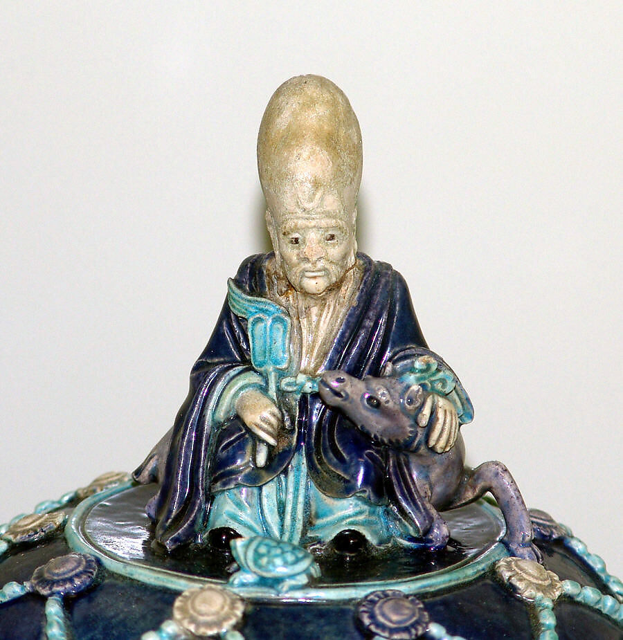 Covered Jar on a Pedestal, Porcelaneous stoneware with carved, pierced, and relief decoration in the biscuit, and under colored glazes, China