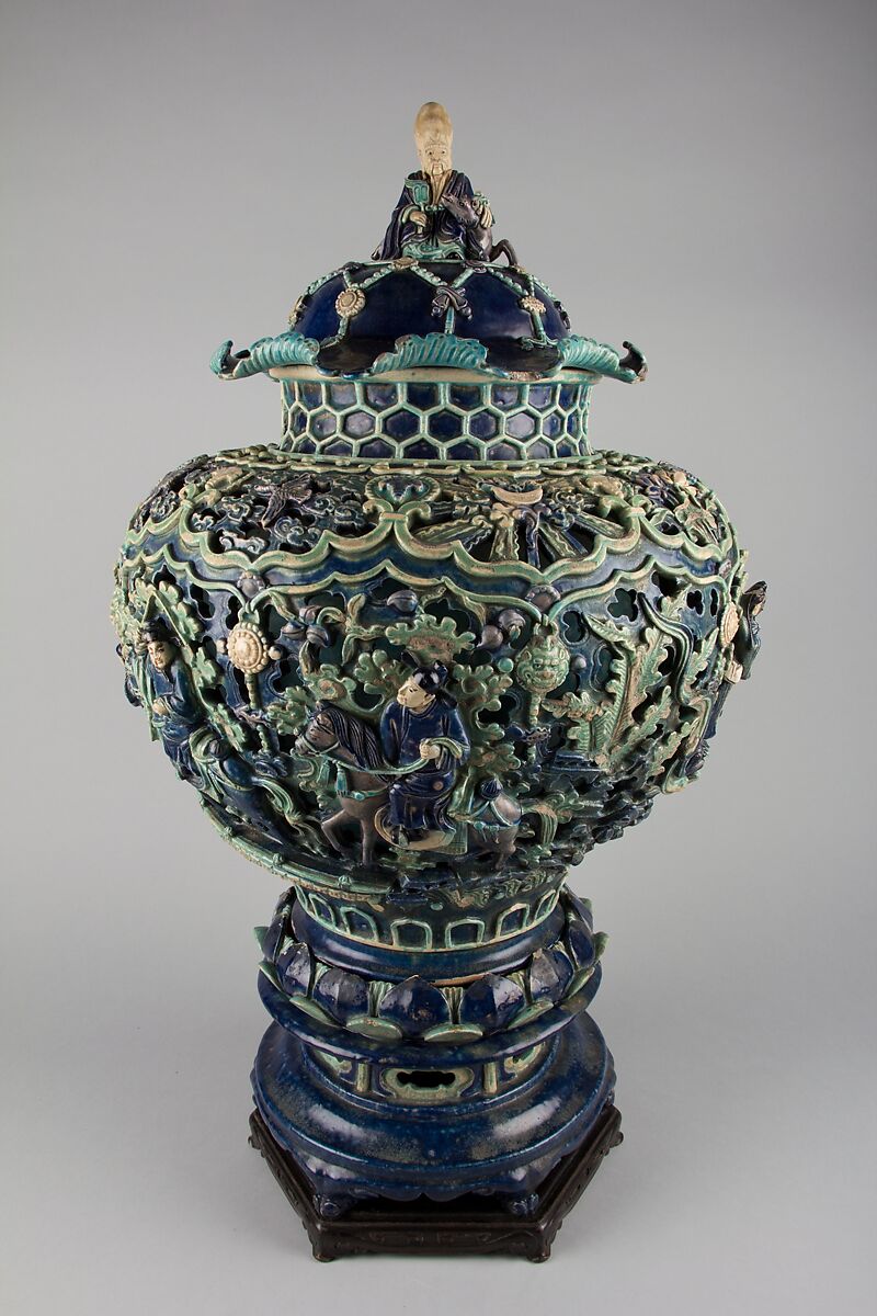 Covered Jar on a Pedestal, Porcelaneous stoneware with carved, pierced, and relief decoration in the biscuit, and under colored glazes, China 