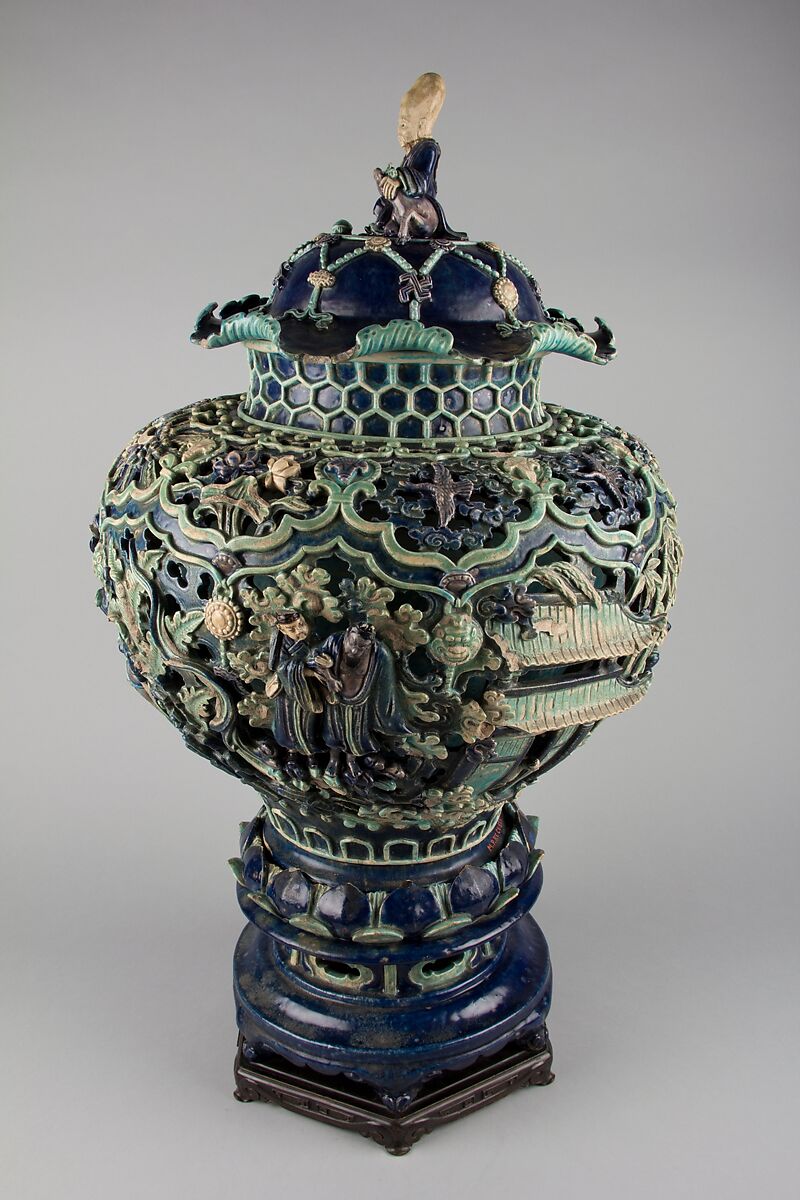 Covered Jar on a Pedestal, Porcelaneous stoneware with carved, pierced, and relief decoration in the biscuit, and under colored glazes, China