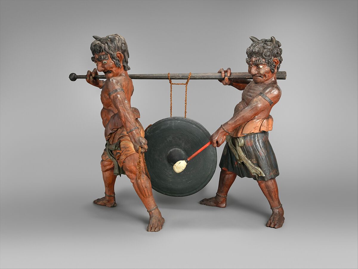 Gong Held by Oni, Metal, wood, lacquer, polychrome, Japanese