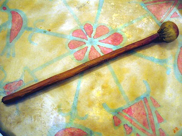Drum, wood, hide, iron, watercolor, paint, Native American (Nambe - Tewa)
