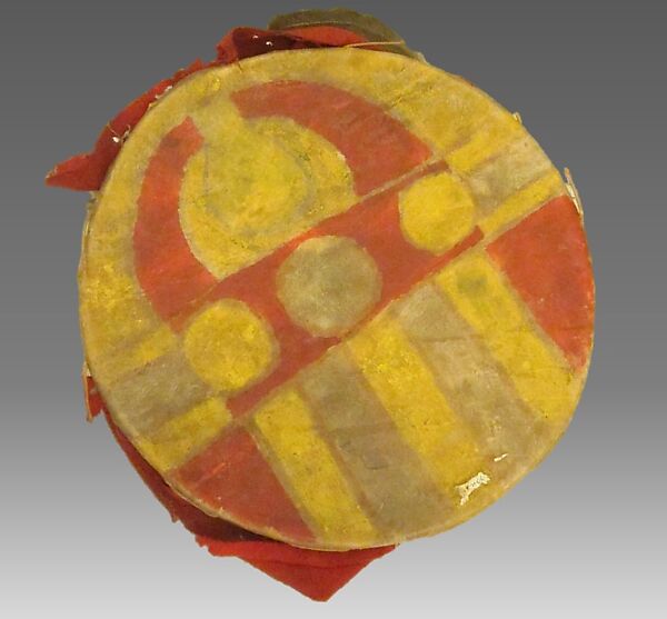 Frame Drum, Wood, membrane, feathers, flannel, paint, Native American (Pueblo, possibly) 