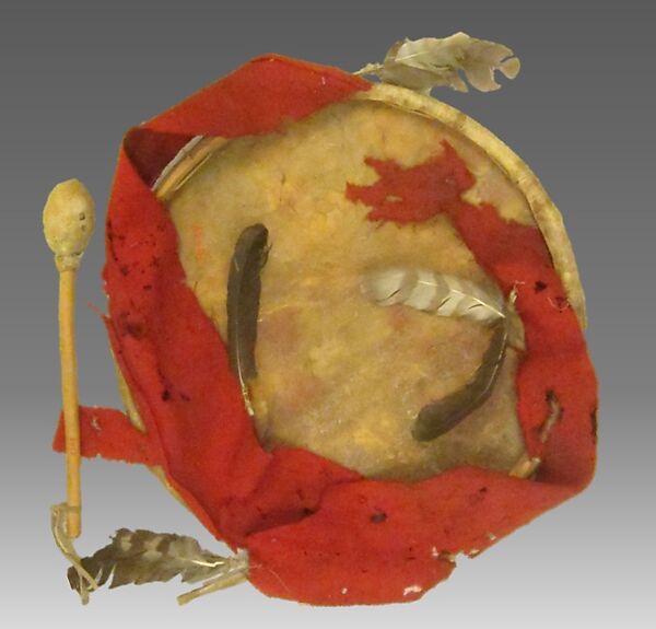 Frame Drum, Wood, membrane, feathers, flannel, paint, Native American (Pueblo, possibly)