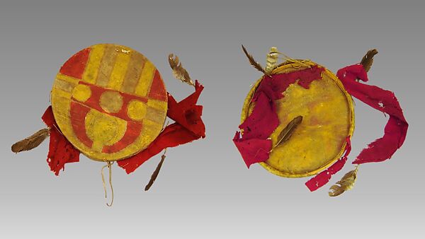 Frame Drum, Wood, membrane, feathers, flannel, paint, Native American (Pueblo, possibly)