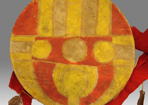Frame Drum, Wood, membrane, feathers, flannel, paint, Native American (Pueblo, possibly)