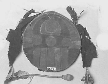 Frame Drum, Wood, membrane, feathers, flannel, paint, Native American (Pueblo, possibly)