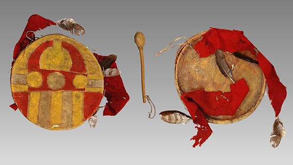 Frame Drum, Wood, membrane, feathers, flannel, paint, Native American (Pueblo, possibly)