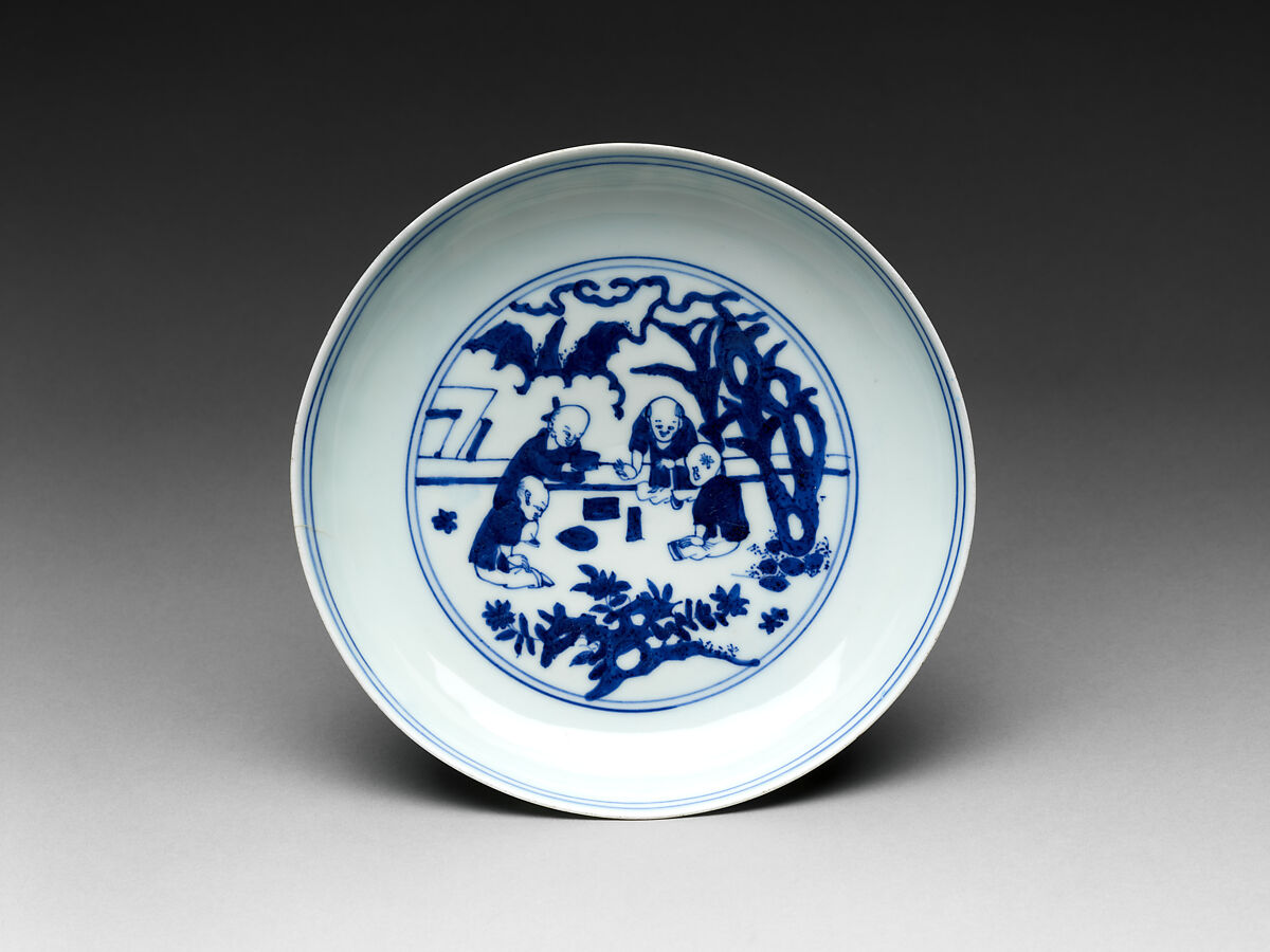 Dish with Children in Garden, Porcelain painted with cobalt blue under transparent glaze (Jingdezhen ware), China 
