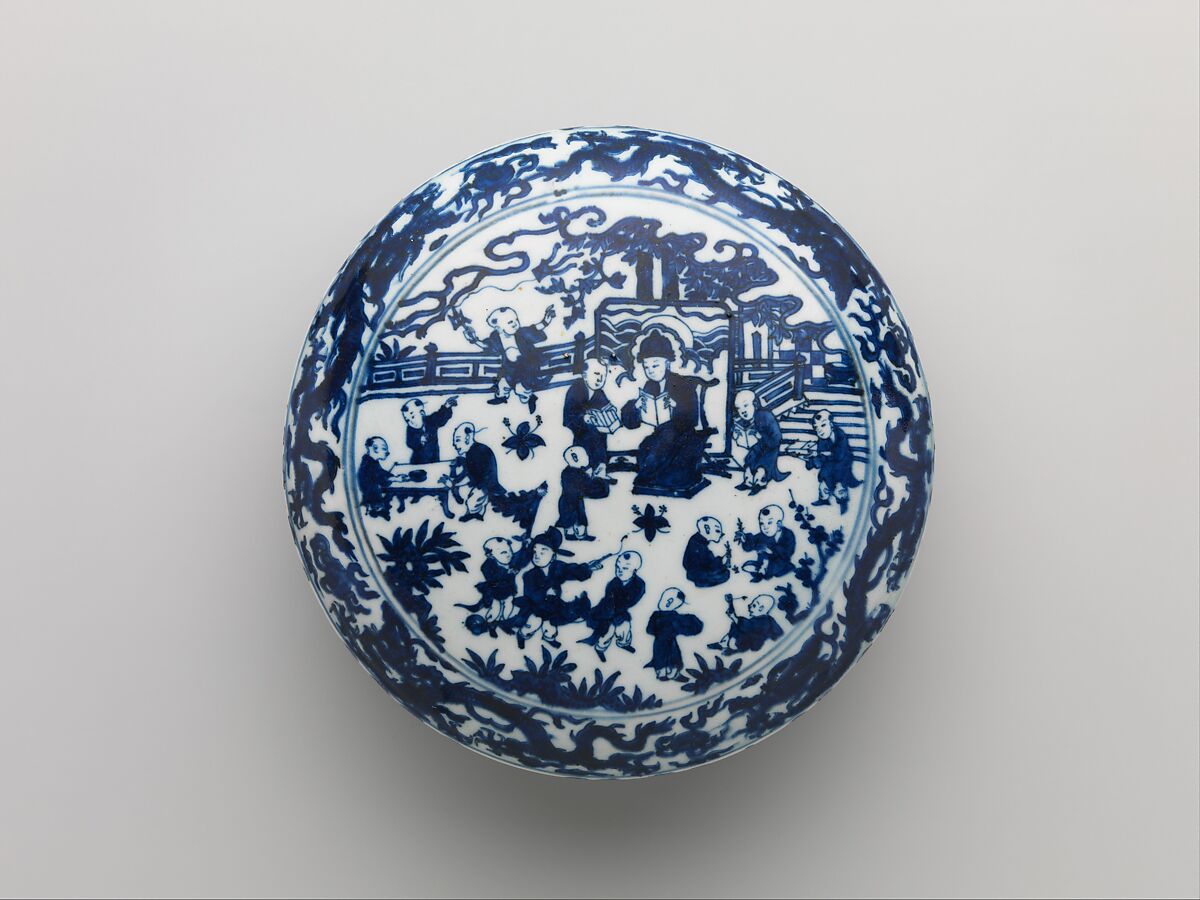 Box with Boys Playing in Garden, Porcelain painted with cobalt blue under transparent glaze (Jingdezhen ware), China 