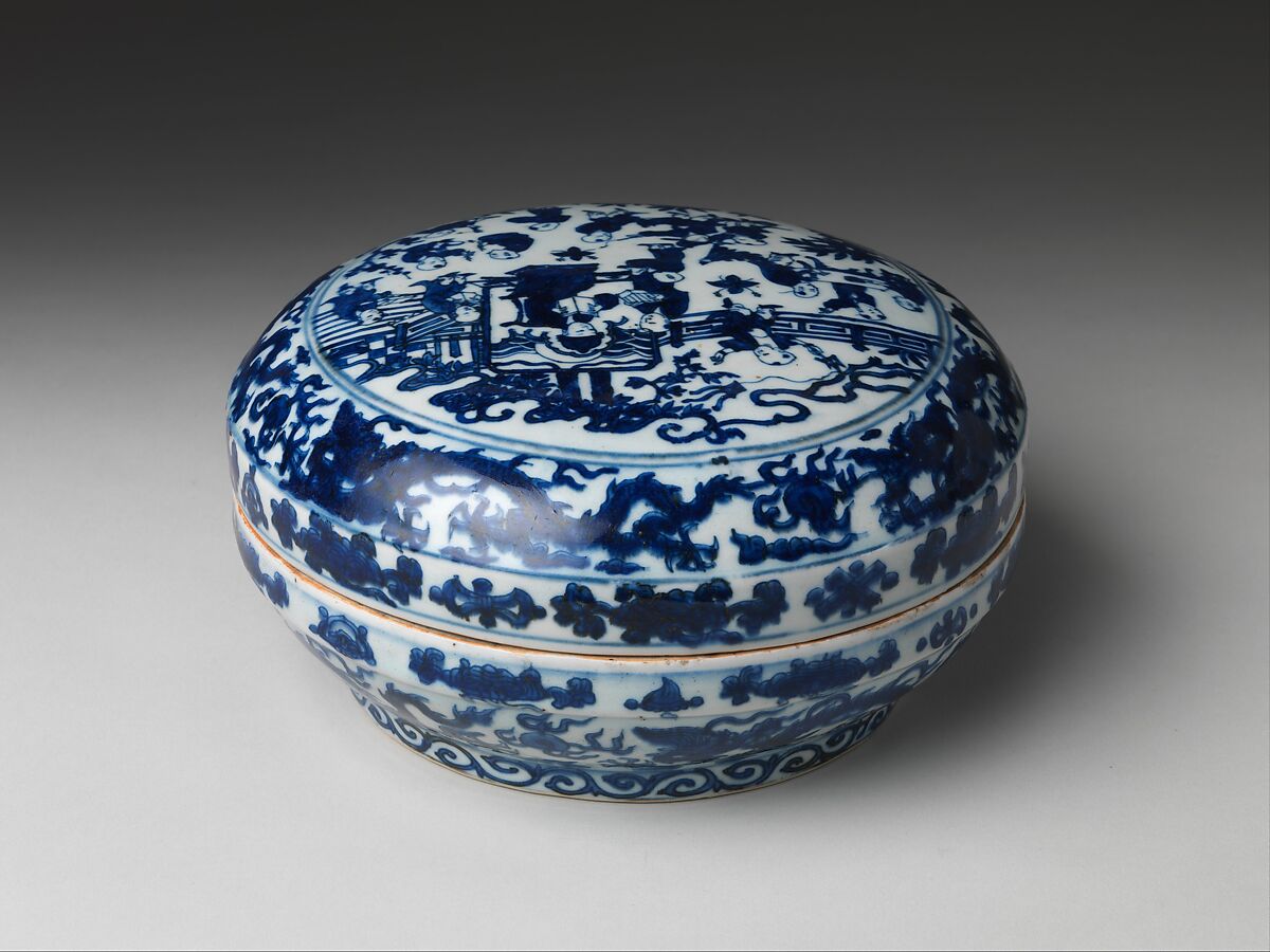 Box with Boys Playing in Garden, Porcelain painted with cobalt blue under transparent glaze (Jingdezhen ware), China