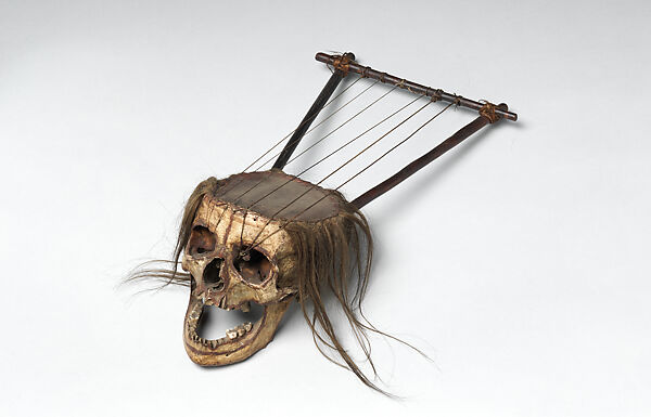 Lyre, skull, wood, hide, gut, Central Africa? 