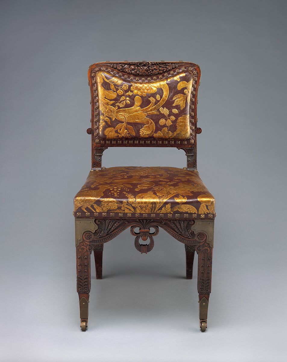 Side chair, Herter Brothers (German, active New York, 1864–1906), Oak, brass, and reproduction leather upholstery, American 