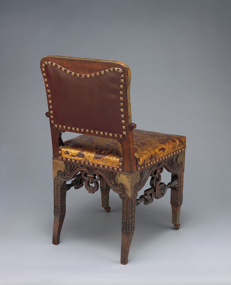 Side chair, Herter Brothers (German, active New York, 1864–1906), Oak, brass, and reproduction leather upholstery, American