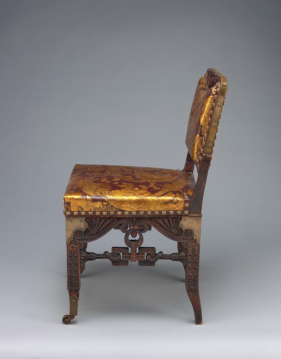 Side chair, Herter Brothers (German, active New York, 1864–1906), Oak, brass, and reproduction leather upholstery, American