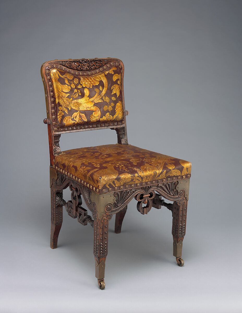 Side chair, Herter Brothers (German, active New York, 1864–1906), Oak, brass, and reproduction leather upholstery, American
