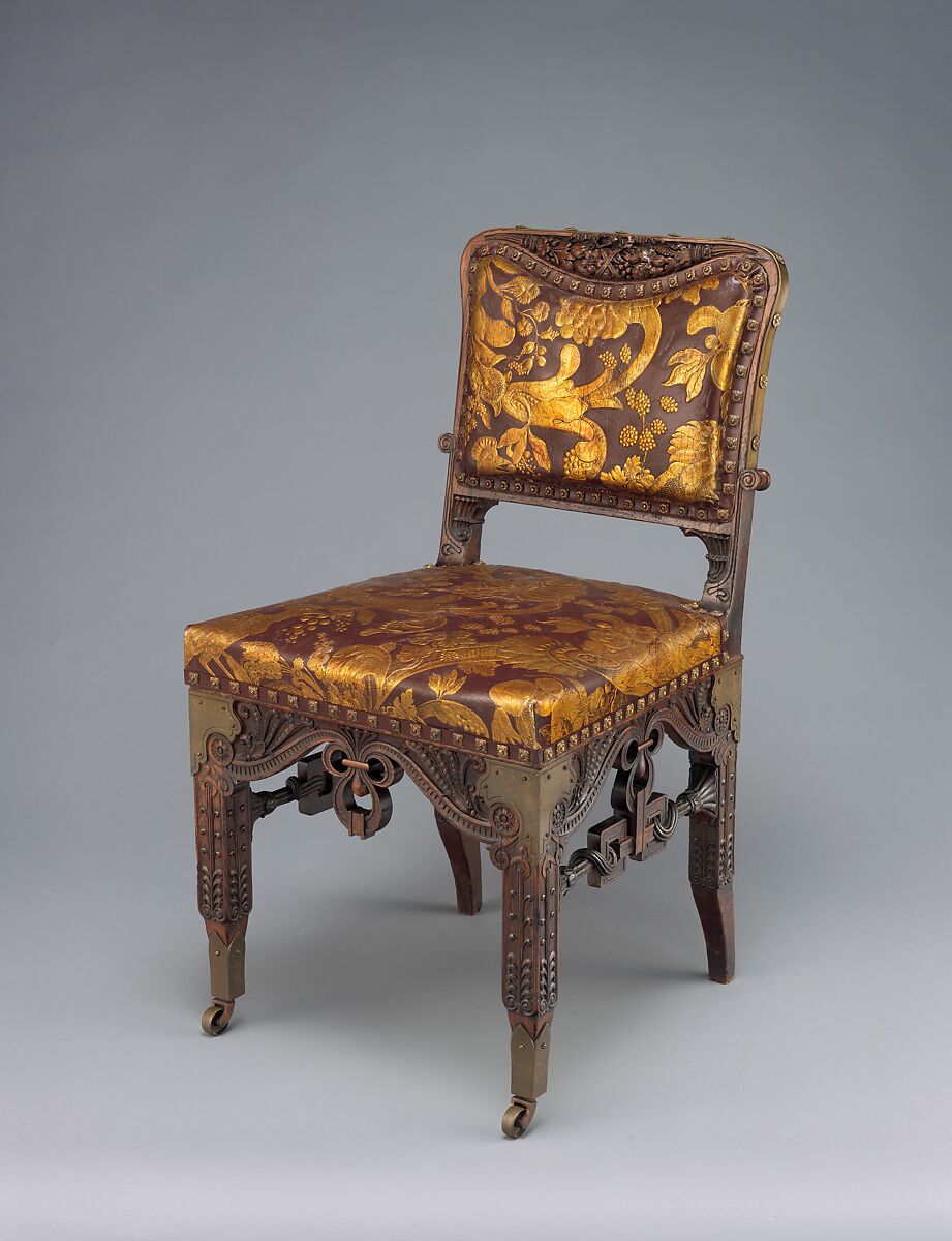 Side chair, Herter Brothers (German, active New York, 1864–1906), Oak, brass, and reproduction leather upholstery, American