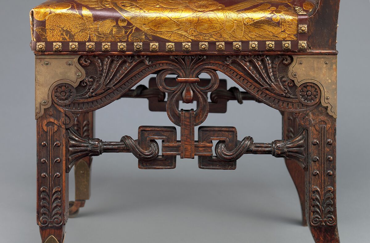 Side chair, Herter Brothers (German, active New York, 1864–1906), Oak, brass, and reproduction leather upholstery, American