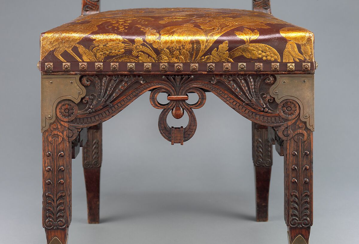 Side chair, Herter Brothers (German, active New York, 1864–1906), Oak, brass, and reproduction leather upholstery, American