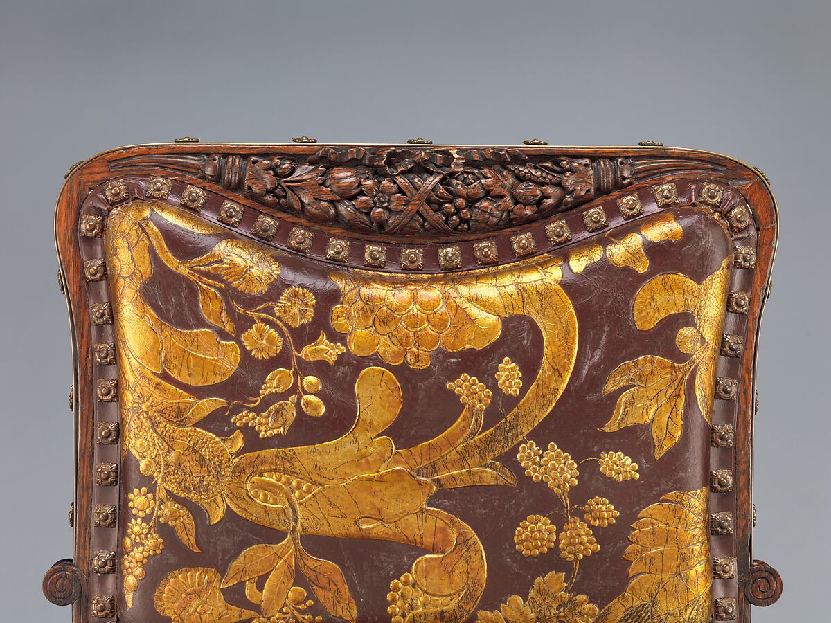 Side chair, Herter Brothers (German, active New York, 1864–1906), Oak, brass, and reproduction leather upholstery, American