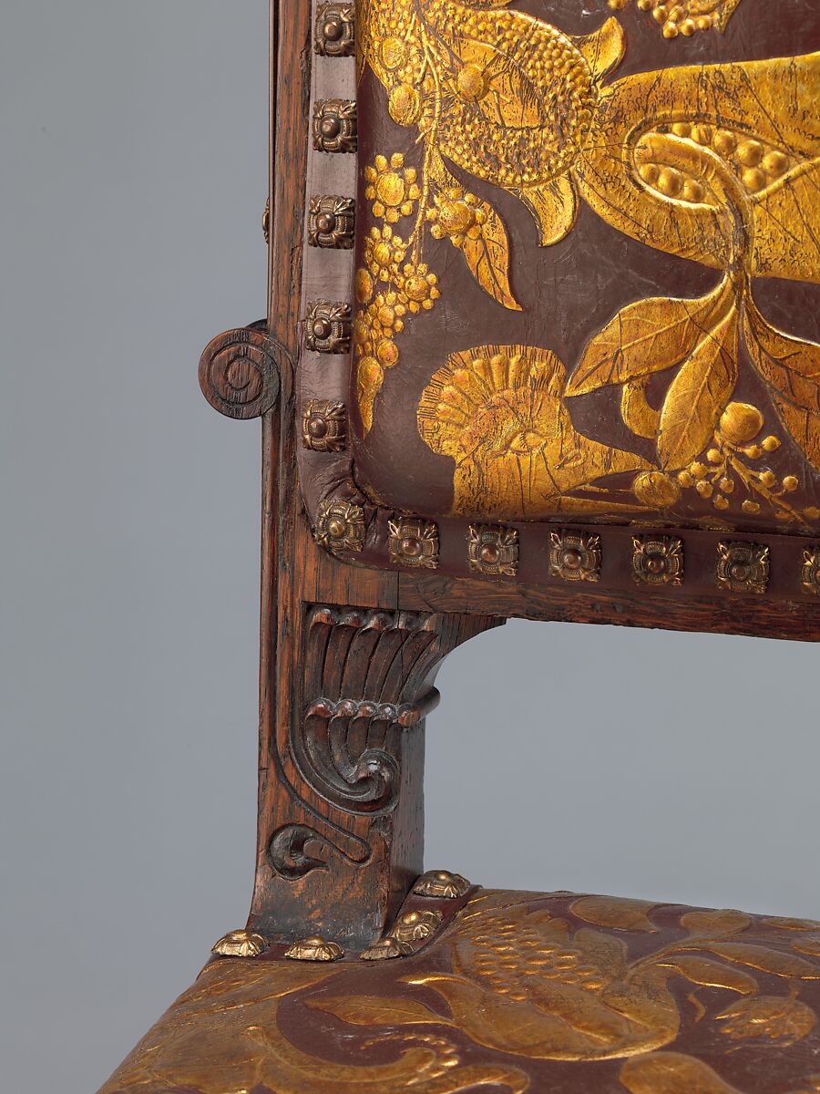 Side chair, Herter Brothers (German, active New York, 1864–1906), Oak, brass, and reproduction leather upholstery, American