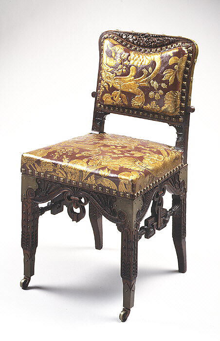 Side chair, Herter Brothers (German, active New York, 1864–1906), Oak, brass, and reproduction leather upholstery, American