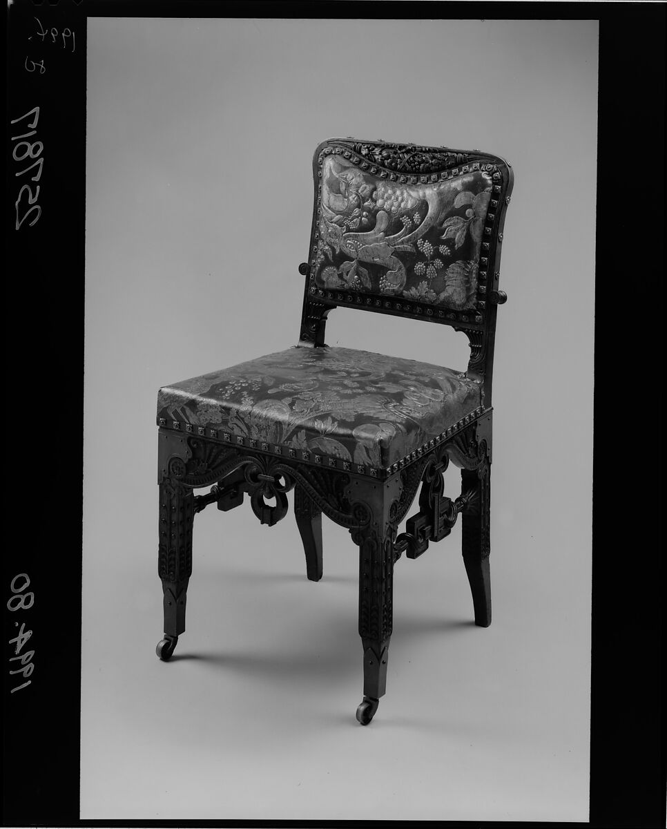 Side chair, Herter Brothers (German, active New York, 1864–1906), Oak, brass, and reproduction leather upholstery, American