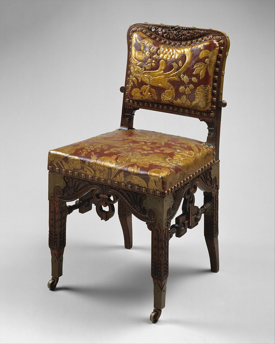 Side chair, Herter Brothers (German, active New York, 1864–1906), Oak, brass, and reproduction leather upholstery, American