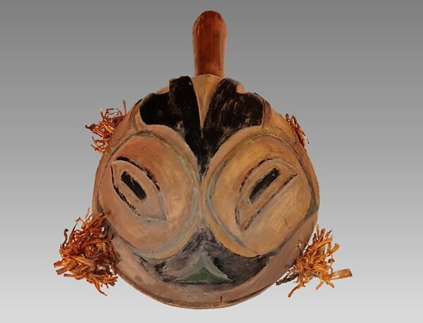 Rattle, wood, polychrome, sinew, cedar bark, Native American (Kwakuitl probably)