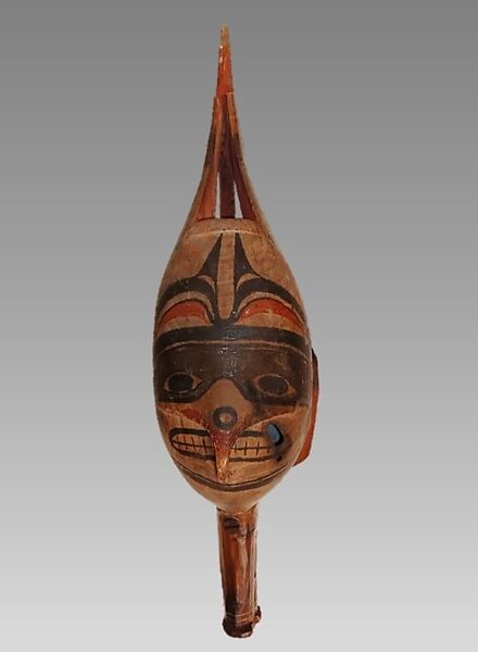Rattle, Probably Nootka, Wood, pebbles, metal, Native American (Nootka, probably)