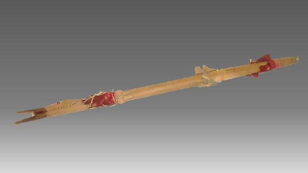 End-blown flute, Wood, metal, buckskin, feathers, cord, ribbon, Native American (Oglala) 