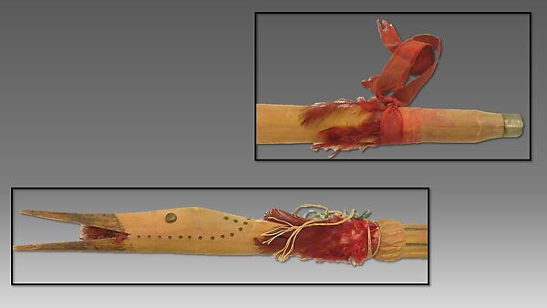 End-blown flute, Wood, metal, buckskin, feathers, cord, ribbon, Native American (Oglala)
