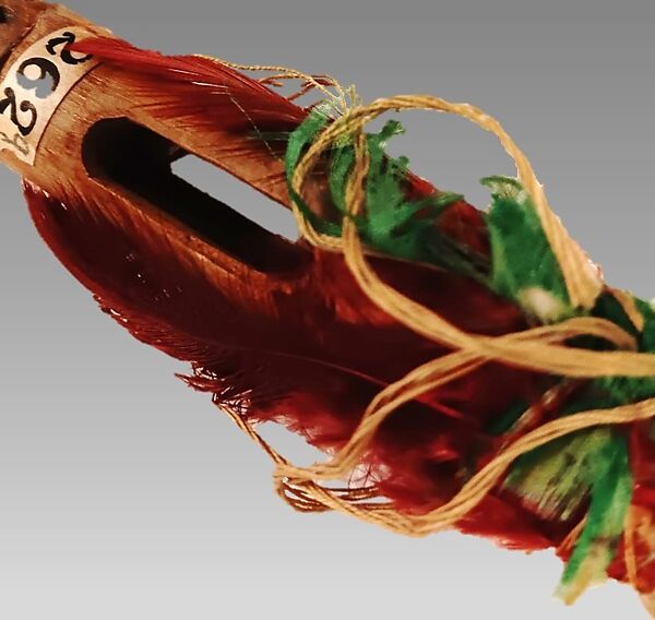 End-blown flute, Wood, metal, buckskin, feathers, cord, ribbon, Native American (Oglala)