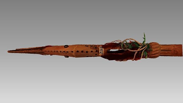 End-blown flute, Wood, metal, buckskin, feathers, cord, ribbon, Native American (Oglala)