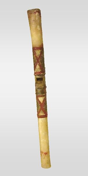 Bone Whistle, bird bone, buckskin, wood, sinew, paint, Native American (Apache) 