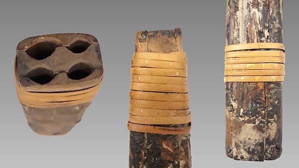 Quadruple Stopped Pipe, wood (red cedar or spruce), split bark, resin, Native American (Northwest Coast)