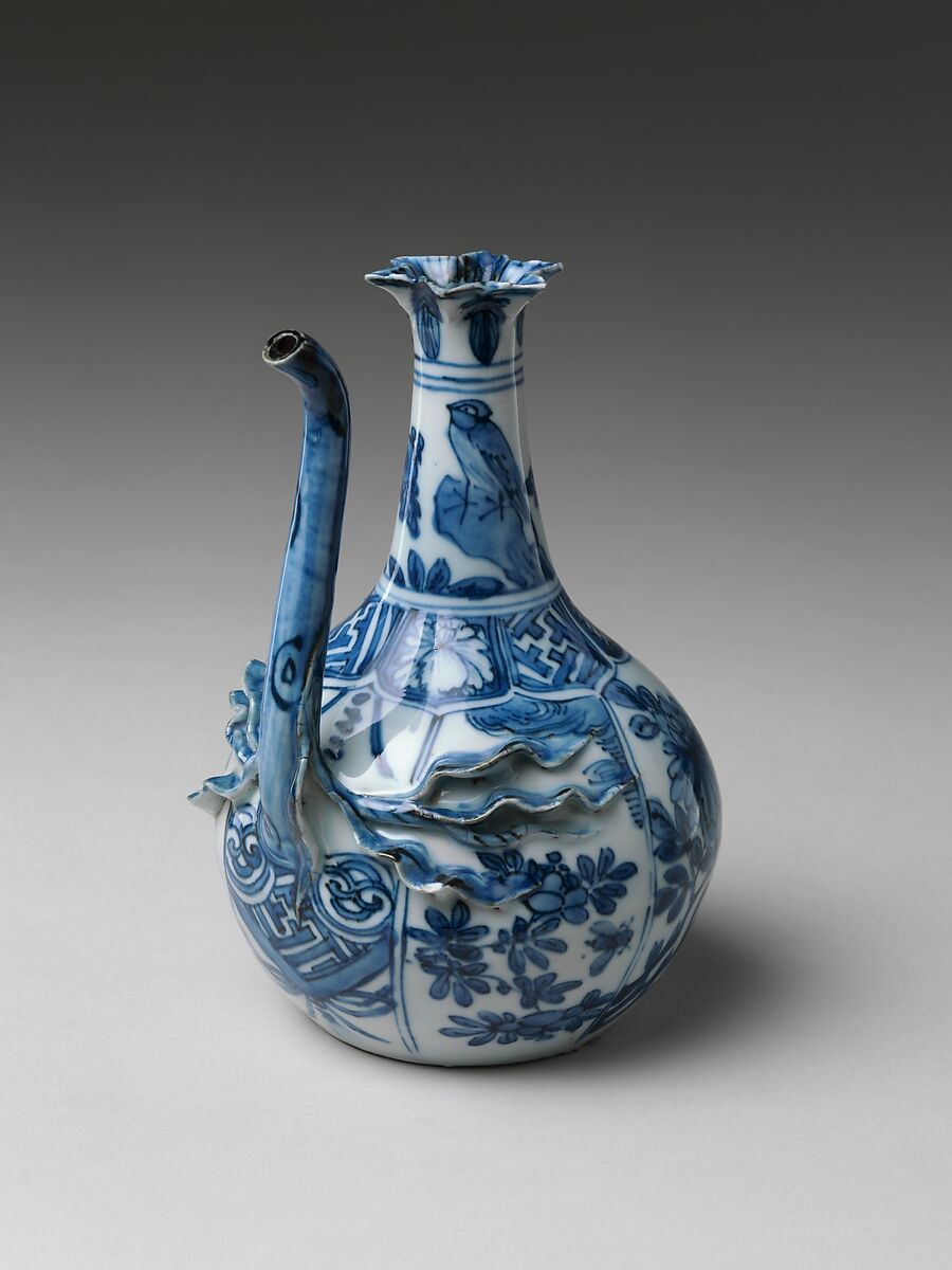 Pouring Vessel (Kendi) with Flowers and Birds, Porcelain with applied decoration painted with cobalt blue under transparent glaze (Jingdezhen ware), China