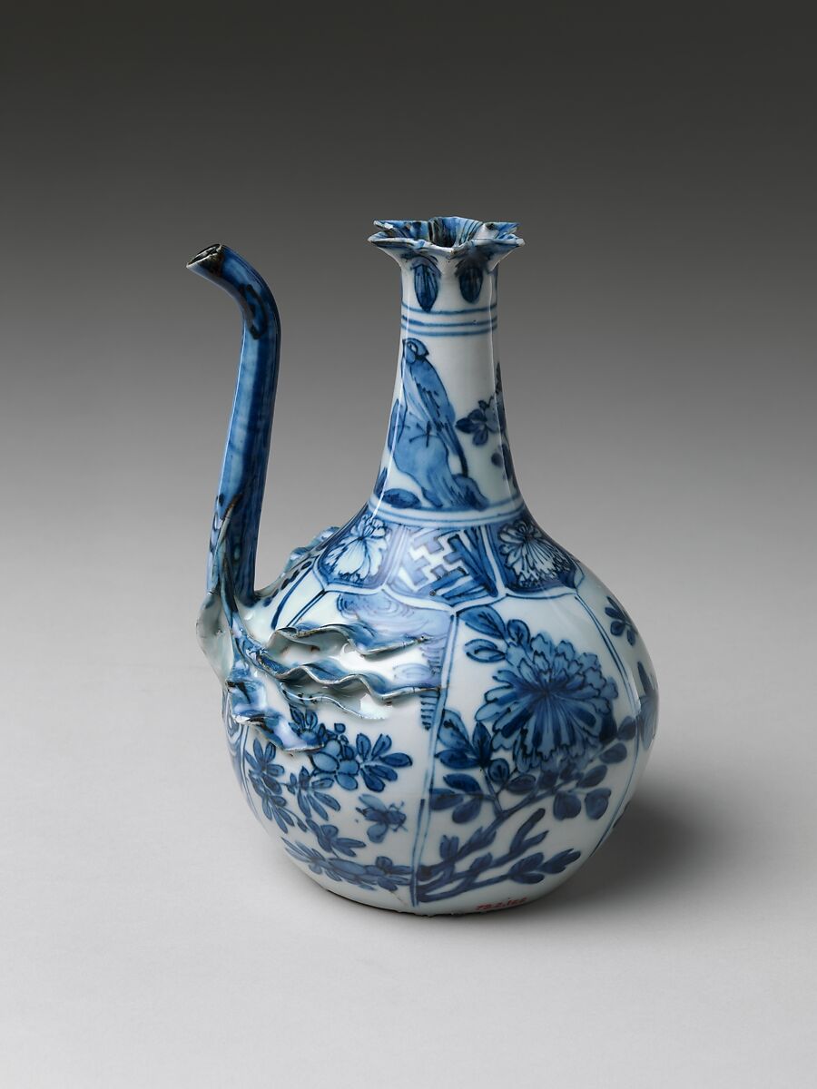 Pouring Vessel (Kendi) with Flowers and Birds, Porcelain with applied decoration painted with cobalt blue under transparent glaze (Jingdezhen ware), China 