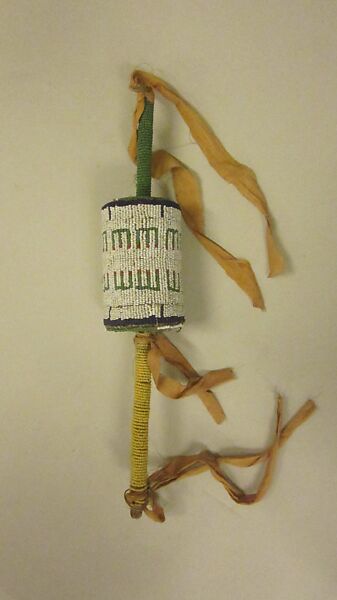 Rattle, Wood, metal (tin?), rawhide, glass beads, cloth, pebbles, Native American (Siouan) 