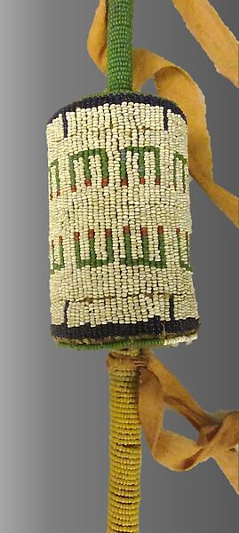 Rattle, Wood, metal (tin?), rawhide, glass beads, cloth, pebbles, Native American (Siouan)