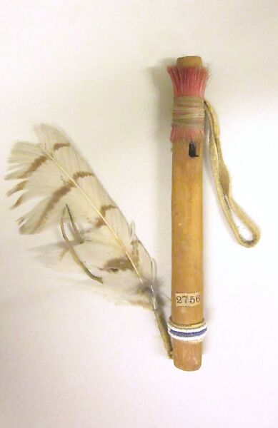 Whistle, Wood, beads, buckshin, feather, bristles, animal sinew, Native American (Shoshonean) 