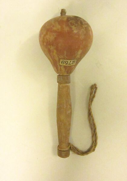 Rattle, Gourd (Lagenaria siceraria ), wood, pebbles, cloth, sinew, Native American (Zuni)