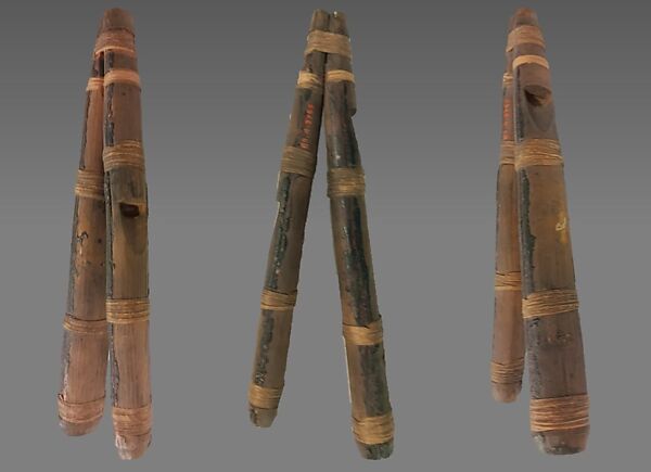 Double Whistle, wood (red cedar or spruce), cedar bark, resin, Native American (Haida)